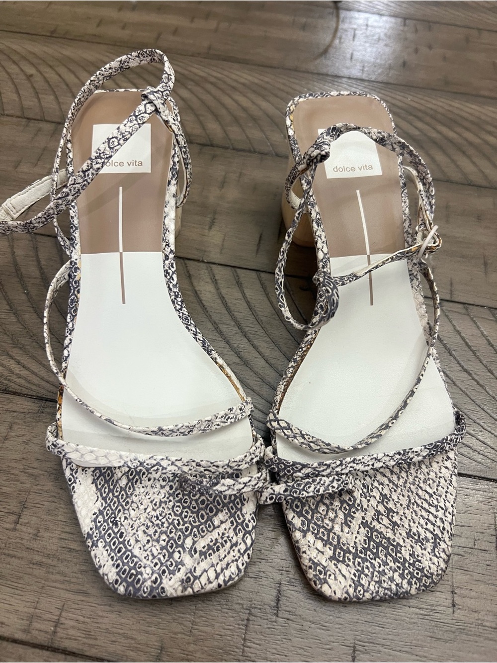 Dolce Vita Cream and Brown Snake-Print Strappy Heels